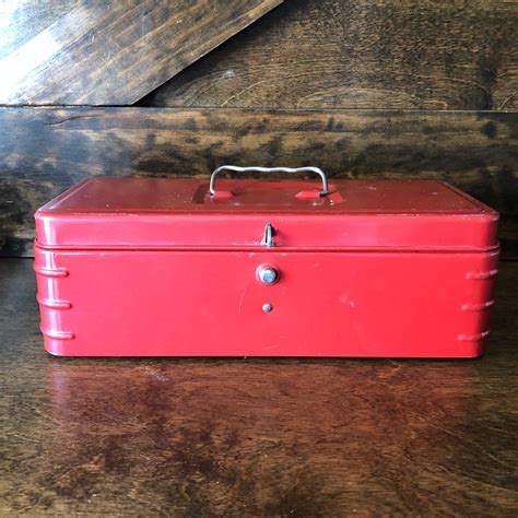 vintage red metal tool box|small vintage metal tool box.